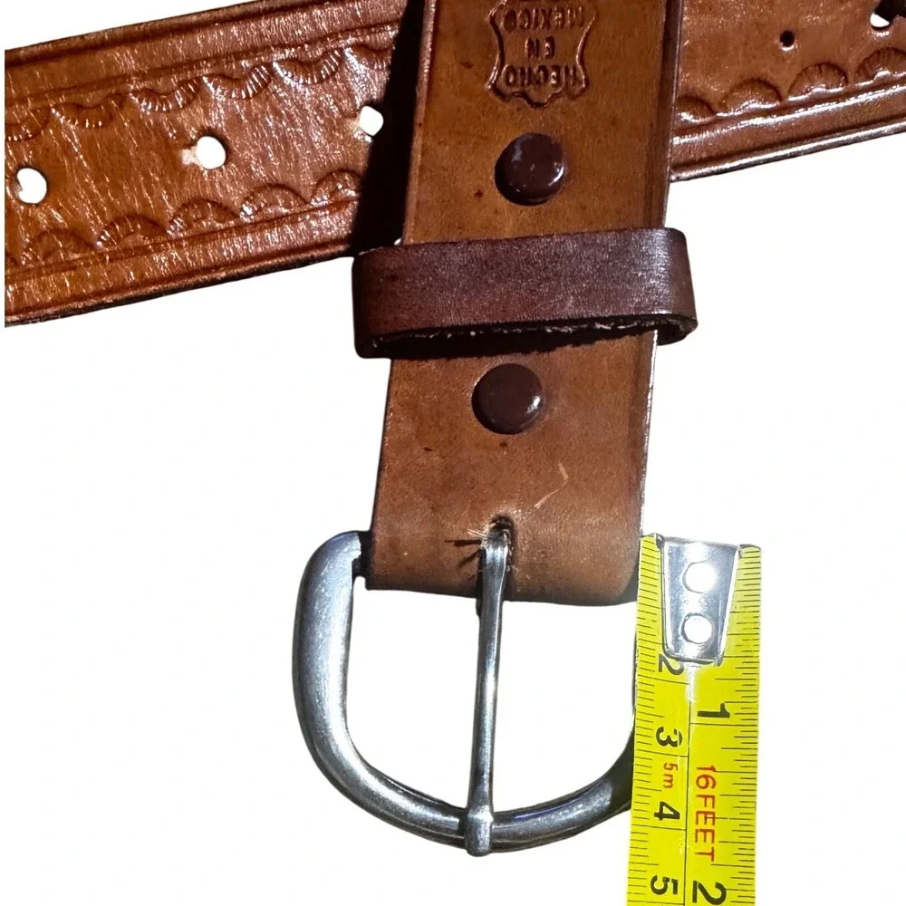 Hand Tooled Vintage Belt Mens 38 Tan Woven Inlay Made in Mexico Thick Leather